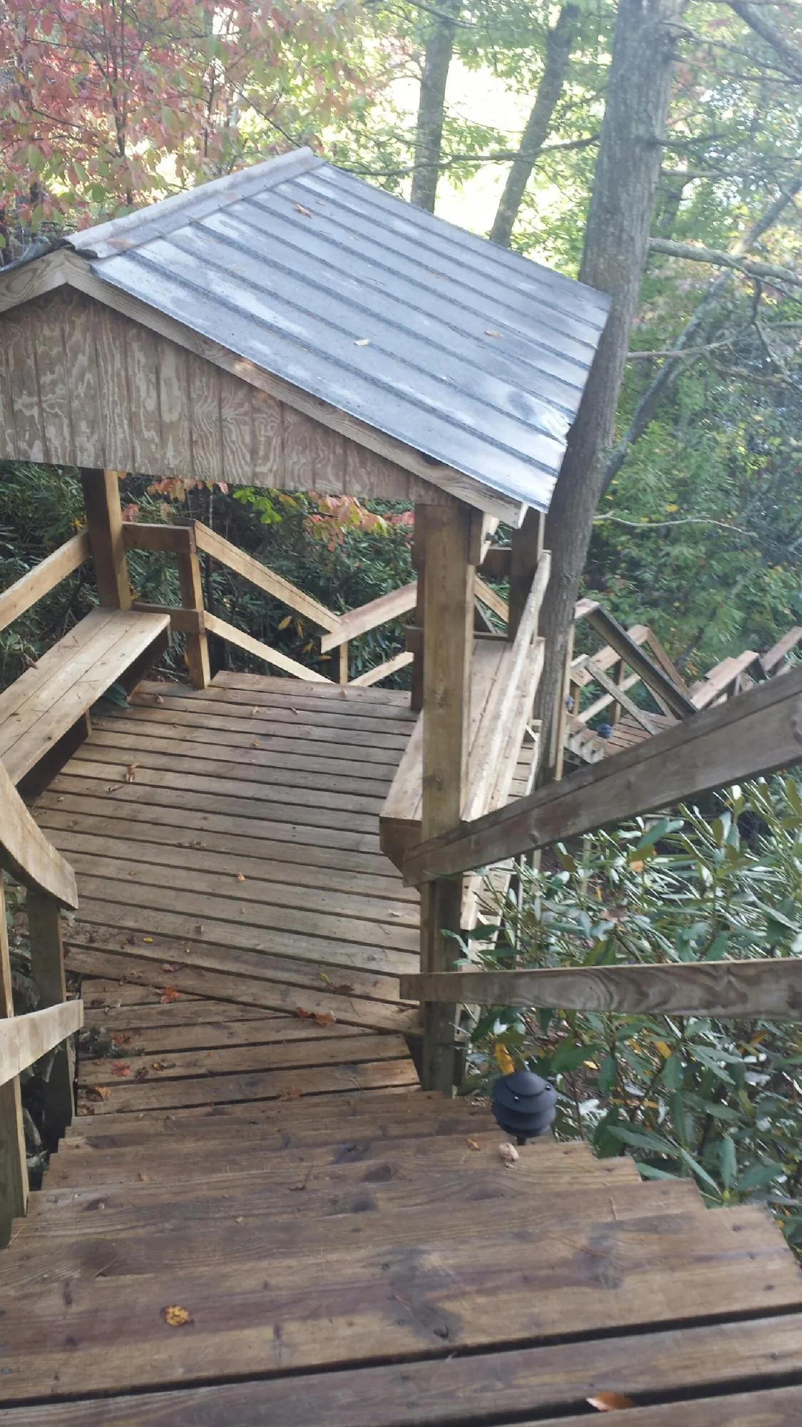 Metal roofed shelter over wooden steps on a wooded walkway — Skylight Repair & Installation work by our crew in Westdale